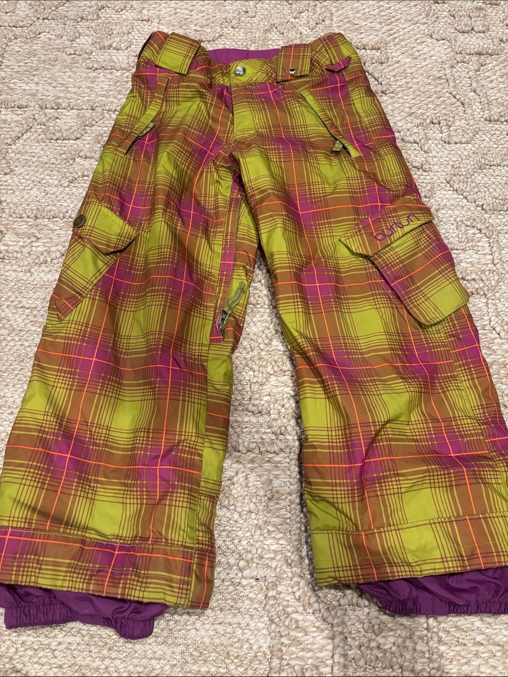 Burton Kids Plaid Snow Pants - Lime Green, Magenta & Orange see photo